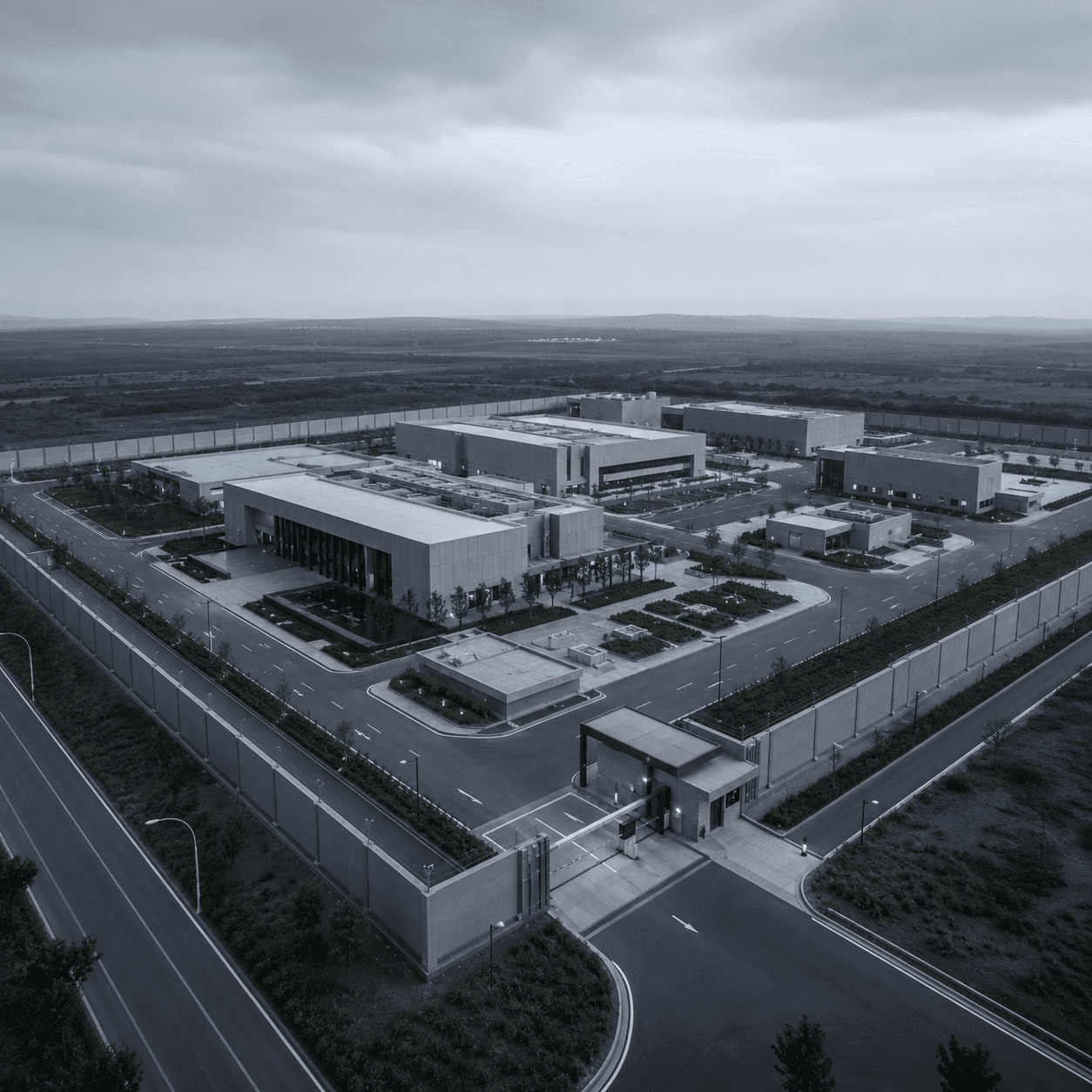 Secure sovereign facility campus under storm clouds