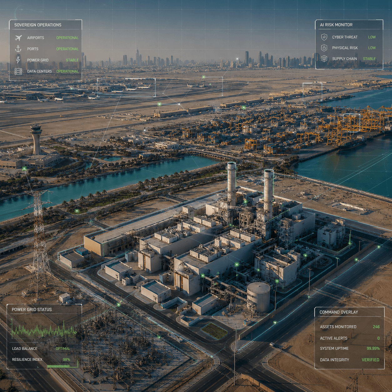 Sovereign operations command view across airport, port, and power infrastructure